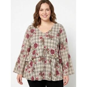 Style & Co. sz XL Plaid Floral Tie Front Baby-doll‎ Flare Sleeve Blouse Feminine